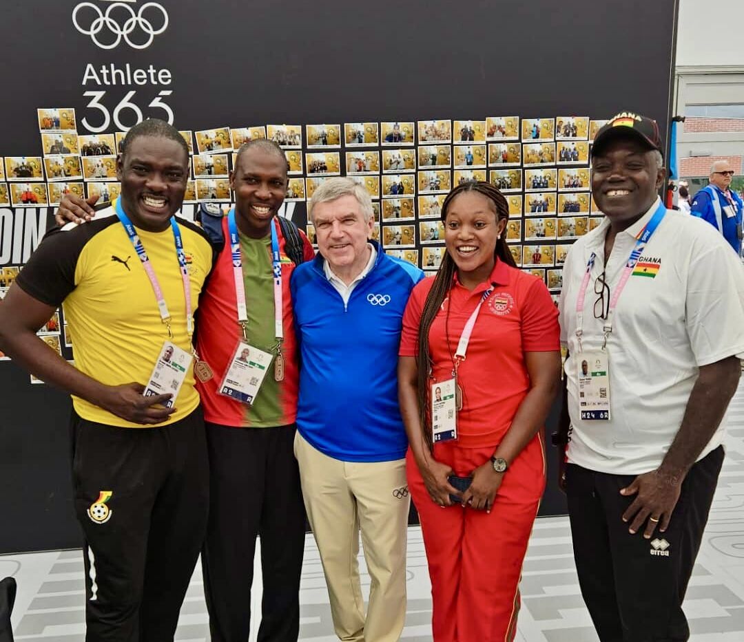 Photo’s include Dr. Ernest Anim-Opare, physician team Ghana; Ishmael Sackey, PT team Ghana; Thomas Bach, IOC President (and past fencing gold medalist); Naomi Armah, Nurse team Ghana; Isaac Duah, Chef de Mission team Ghana;