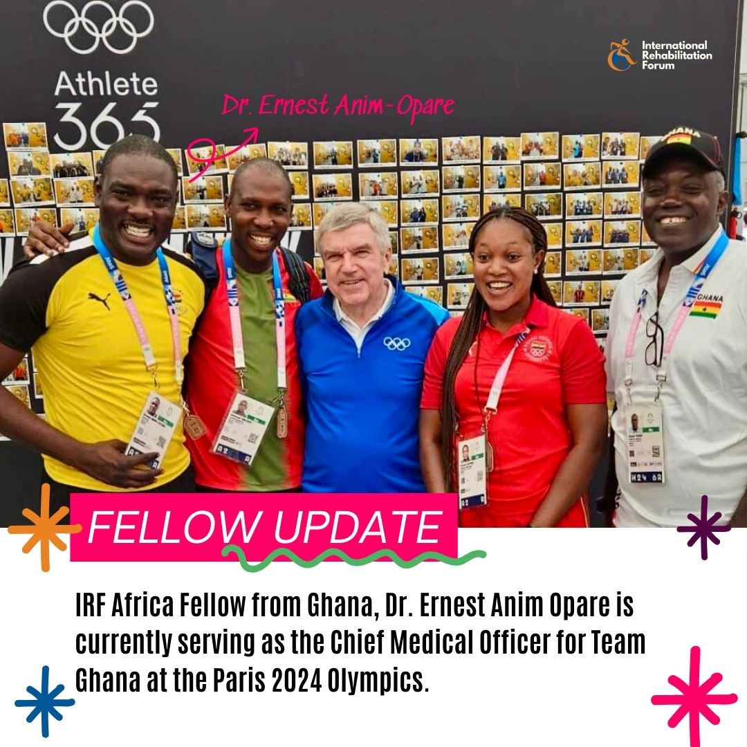 Photo’s include Dr. Ernest Anim-Opare, physician team Ghana; Ishmael Sackey, PT team Ghana; Thomas Bach, IOC President (and past fencing gold medalist); Naomi Armah, Nurse team Ghana; Isaac Duah, Chef de Mission team Ghana;