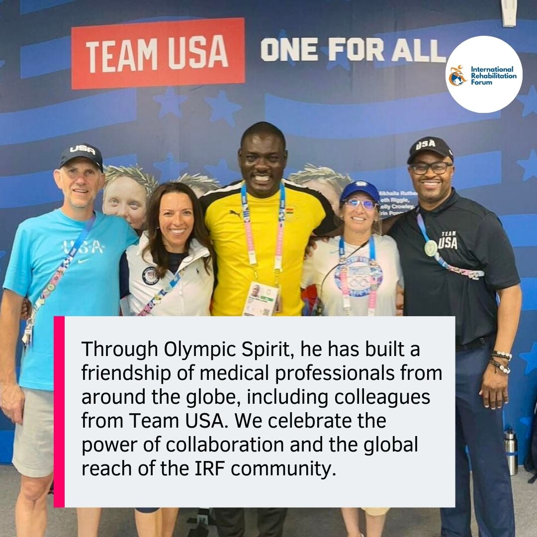 This photo includes Dr.Johnathan Finnoff, physician team USA; Dr.Ernest Anim-Opare, physician team Ghana; Amber Donaldon, PT team USA; R Kweku Akyirefi Amoasi PhD, US Olympic and Paralympic committee